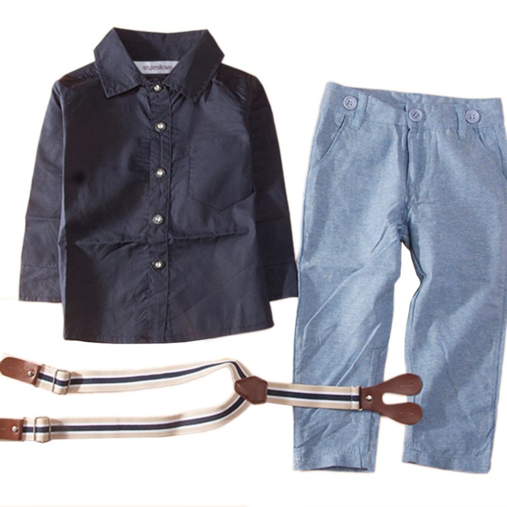 Navy Blue Dress Shirt, Suspender Straps and Pants 3-pc Boy Outfit